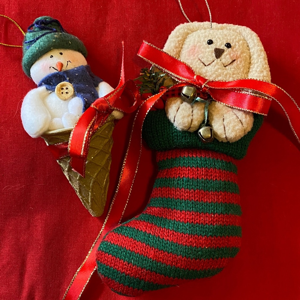 Vintage Festive Snowman and Dog Holiday Ornaments